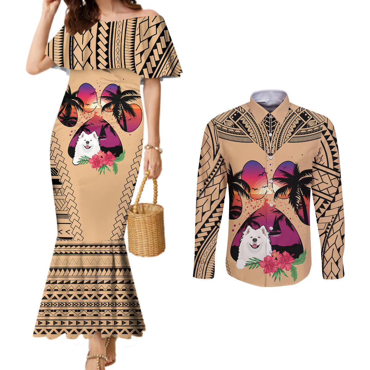 Polynesian Couples Matching Mermaid Dress and Long Sleeve Button Shirts Dog Lover With Samoyed - Sunset At The Beach LT7 Coral - Polynesian Pride
