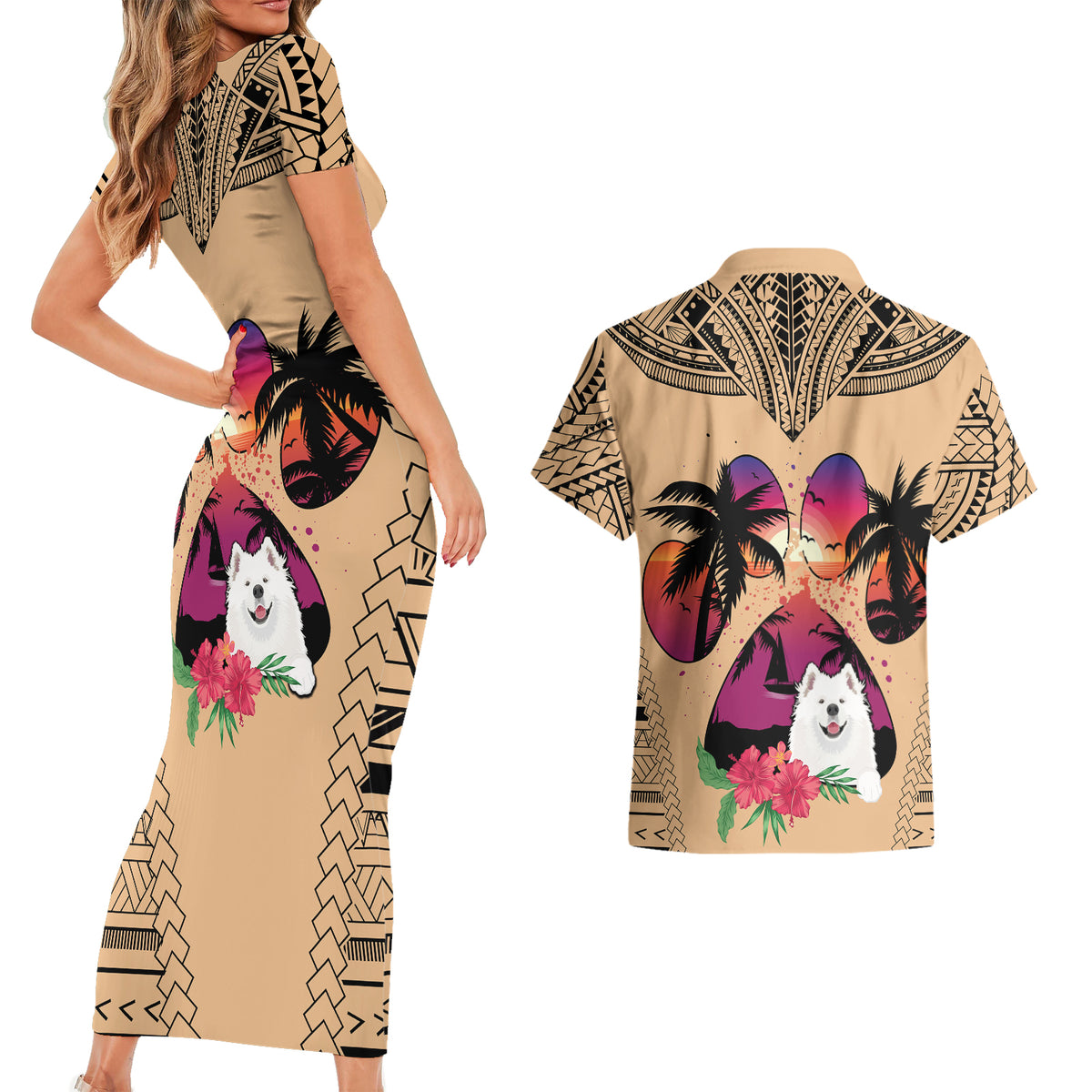 Polynesian Couples Matching Short Sleeve Bodycon Dress and Hawaiian Shirt Dog Lover With Samoyed - Sunset At The Beach LT7 - Polynesian Pride