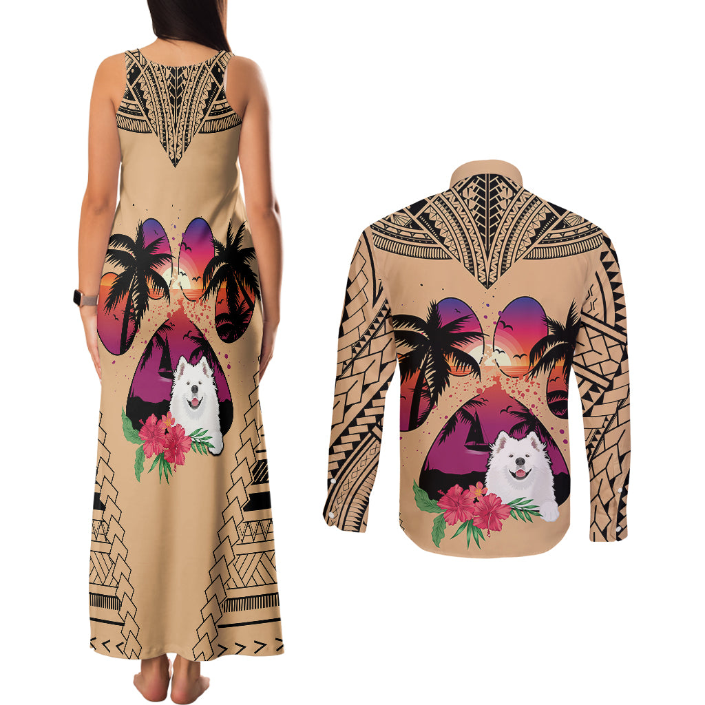 Polynesian Couples Matching Tank Maxi Dress and Long Sleeve Button Shirts Dog Lover With Samoyed - Sunset At The Beach LT7 - Polynesian Pride