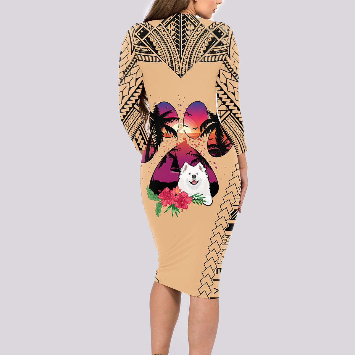 Polynesian Long Sleeve Bodycon Dress Dog Lover With Samoyed - Sunset At The Beach LT7 - Polynesian Pride