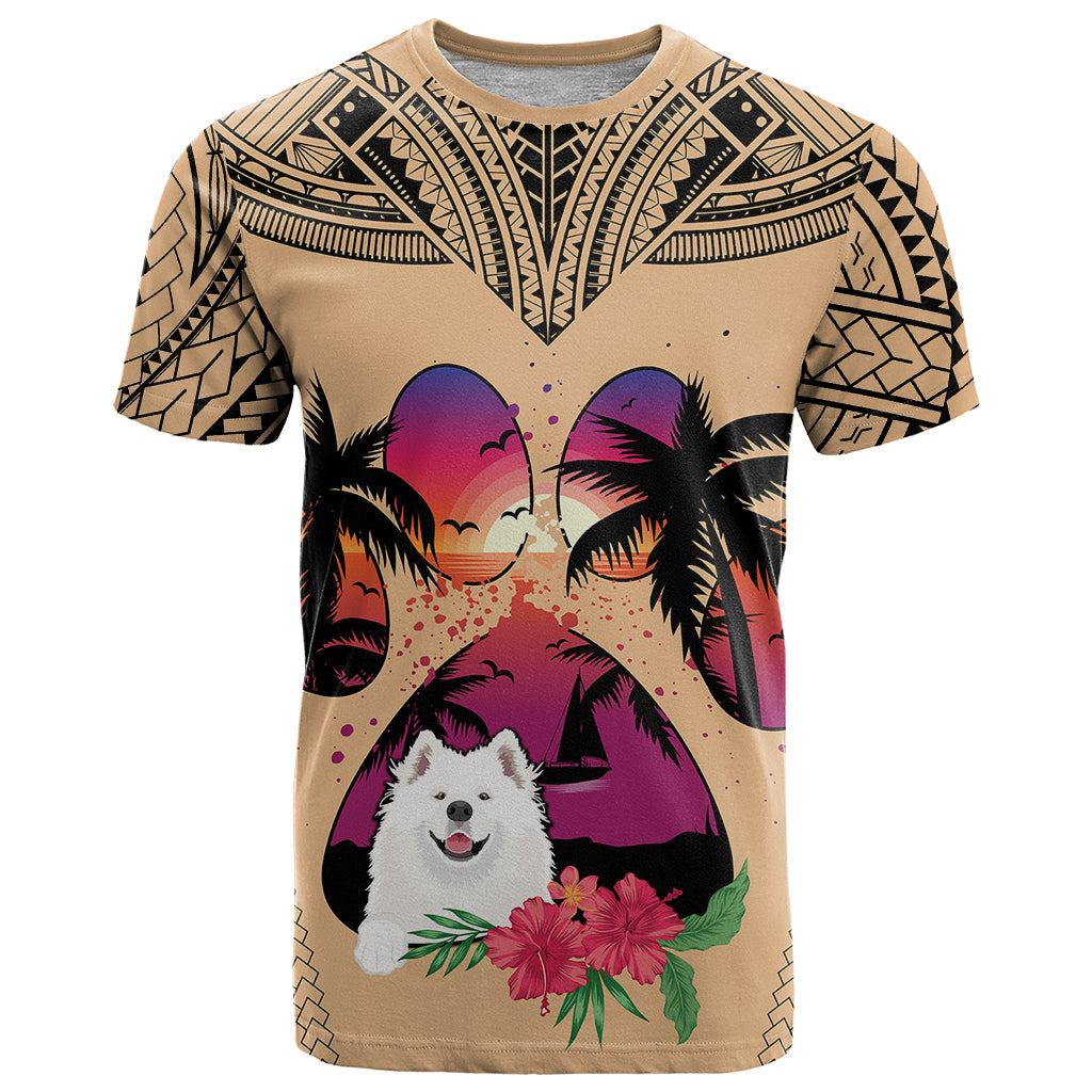 Polynesian T Shirt Dog Lover With Samoyed - Sunset At The Beach LT7 Coral - Polynesian Pride