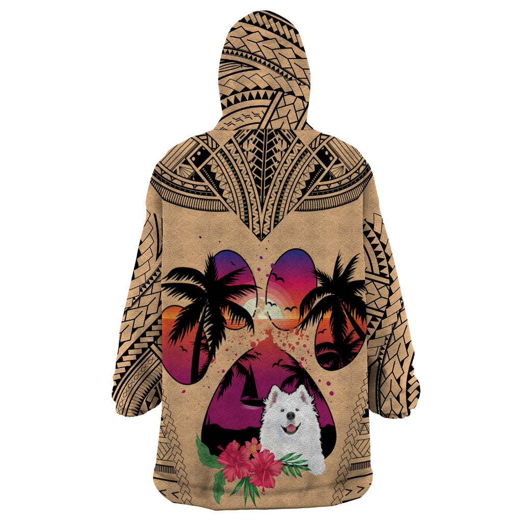 Polynesian Wearable Blanket Hoodie Dog Lover With Samoyed - Sunset At The Beach LT7 - Polynesian Pride