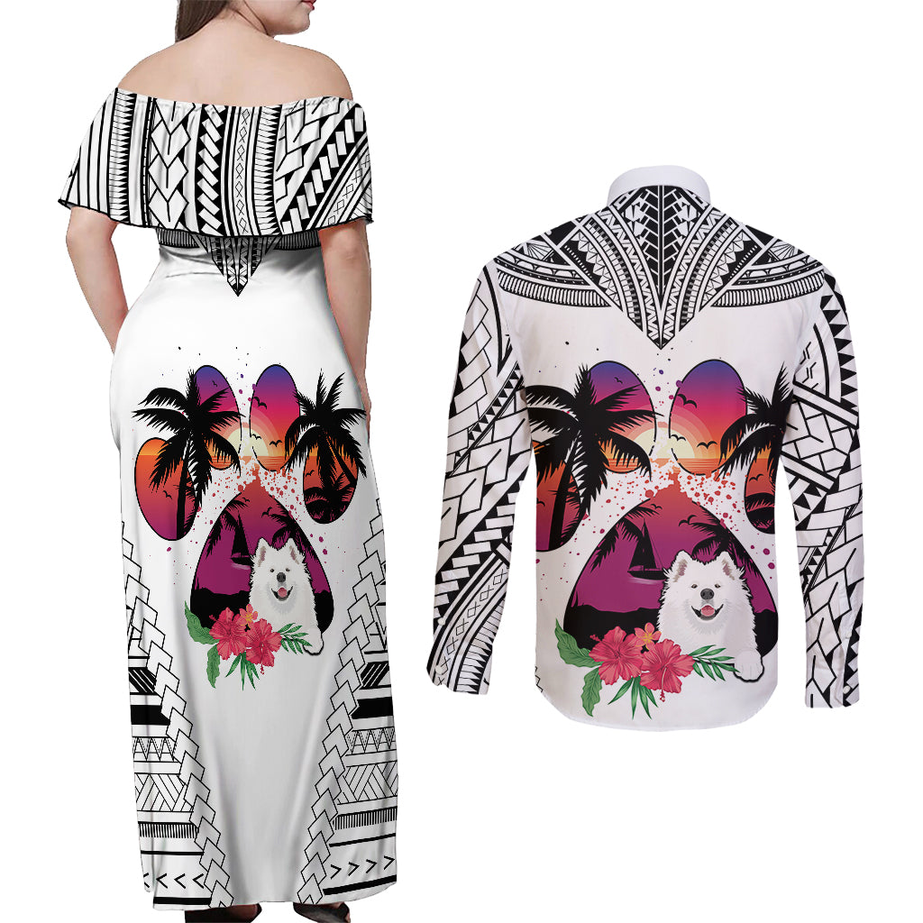 Polynesian Couples Matching Off Shoulder Maxi Dress and Long Sleeve Button Shirts Dog Lover With Samoyed - Sunset At The Beach White Ver LT7 - Polynesian Pride