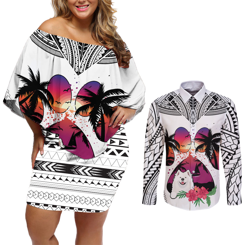 Polynesian Couples Matching Off Shoulder Short Dress and Long Sleeve Button Shirts Dog Lover With Samoyed - Sunset At The Beach White Ver LT7 White - Polynesian Pride