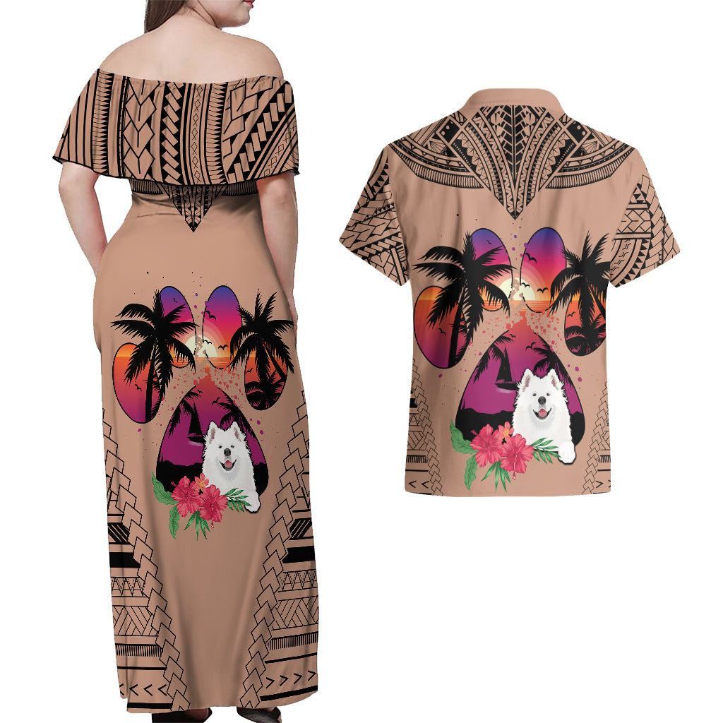 Polynesian Couples Matching Off Shoulder Maxi Dress and Hawaiian Shirt Dog Lover With Samoyed - Sunset At The Beach Brown Ver LT7 - Polynesian Pride
