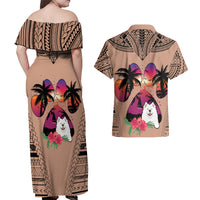 Polynesian Couples Matching Off Shoulder Maxi Dress and Hawaiian Shirt Dog Lover With Samoyed - Sunset At The Beach Brown Ver LT7 - Polynesian Pride