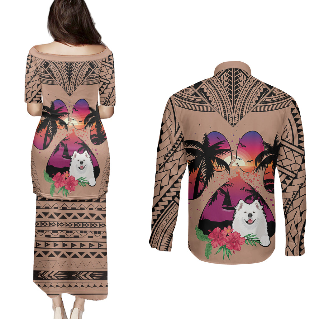 Polynesian Couples Matching Puletasi Dress and Long Sleeve Button Shirts Dog Lover With Samoyed - Sunset At The Beach Brown Ver LT7 - Polynesian Pride