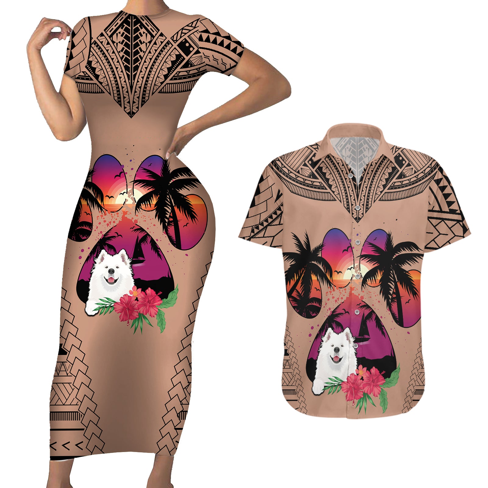 Polynesian Couples Matching Short Sleeve Bodycon Dress and Hawaiian Shirt Dog Lover With Samoyed - Sunset At The Beach Brown Ver LT7 Brown - Polynesian Pride