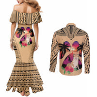 Polynesian Couples Matching Mermaid Dress and Long Sleeve Button Shirts Dog Lover With Shiba Inu - Sunset At The Beach LT7 - Polynesian Pride