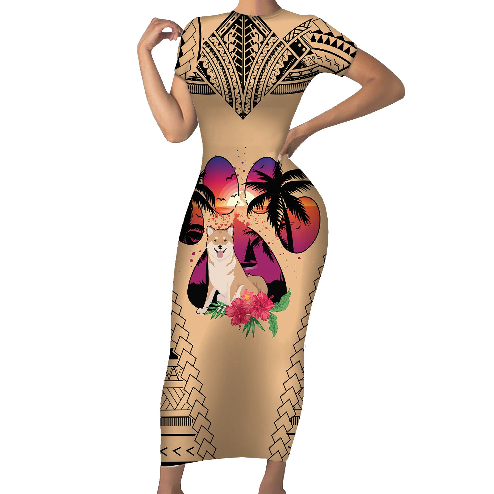 Polynesian Short Sleeve Bodycon Dress Dog Lover With Shiba Inu - Sunset At The Beach LT7 Long Dress Coral - Polynesian Pride