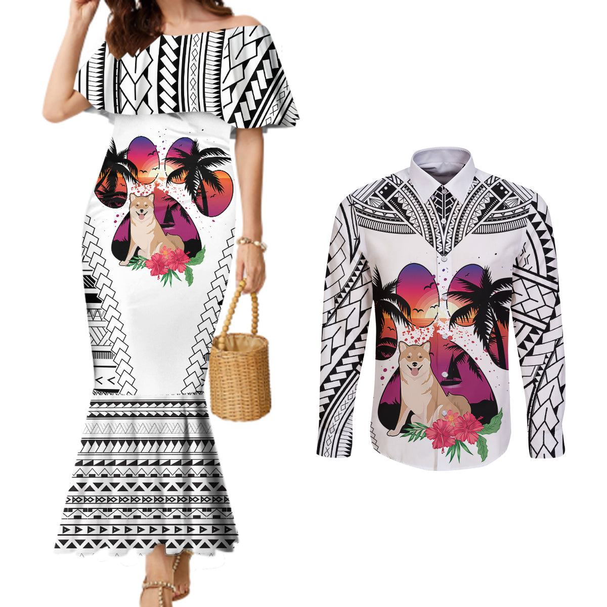 Polynesian Couples Matching Mermaid Dress and Long Sleeve Button Shirts Dog Lover With Shiba Inu - Sunset At The Beach White Ver LT7 White - Polynesian Pride