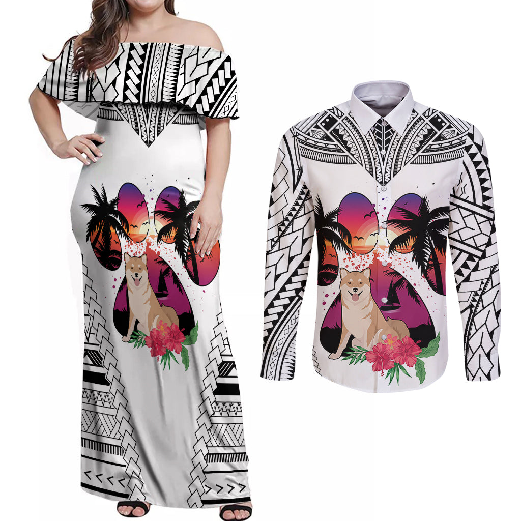 Polynesian Couples Matching Off Shoulder Maxi Dress and Long Sleeve Button Shirts Dog Lover With Shiba Inu - Sunset At The Beach White Ver LT7 White - Polynesian Pride