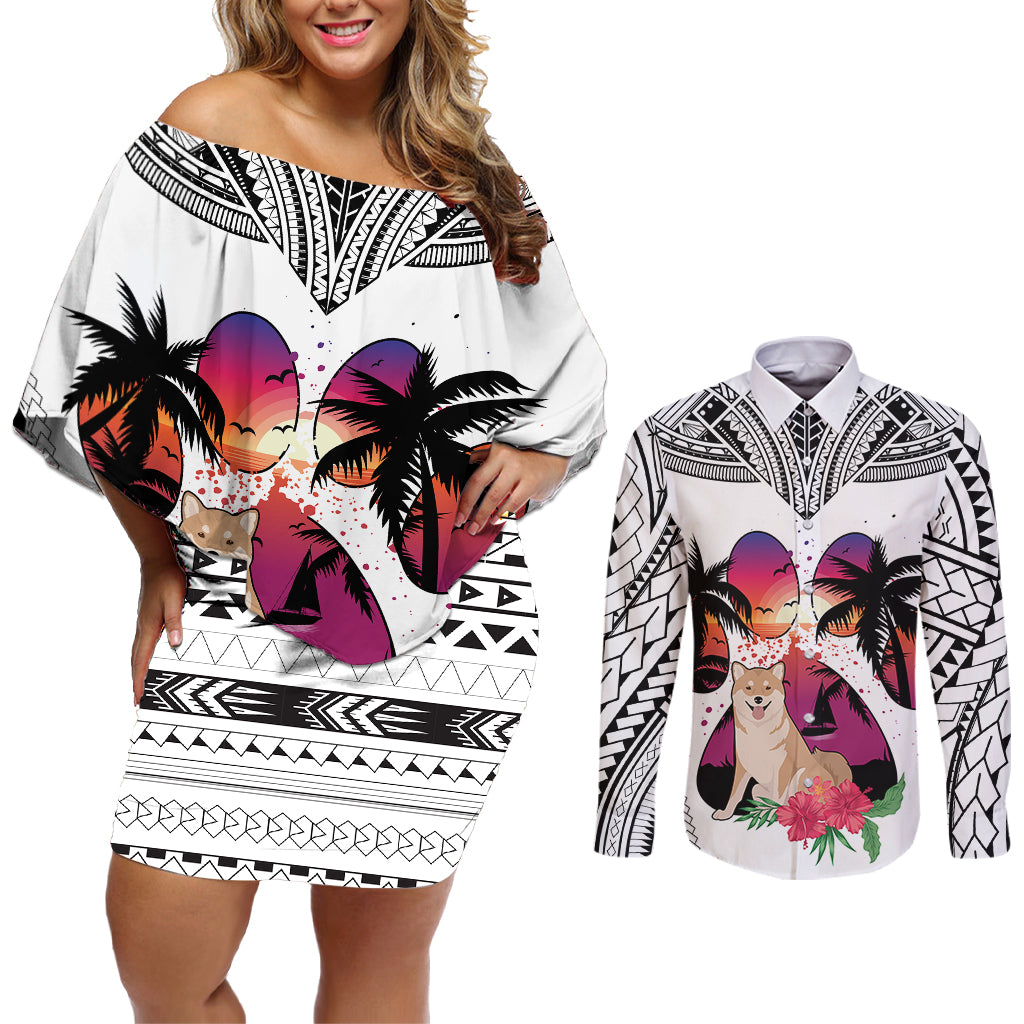 Polynesian Couples Matching Off Shoulder Short Dress and Long Sleeve Button Shirts Dog Lover With Shiba Inu - Sunset At The Beach White Ver LT7 White - Polynesian Pride