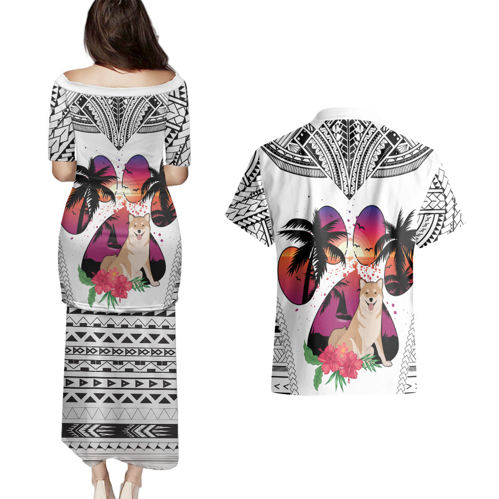 Polynesian Couples Matching Puletasi Dress and Hawaiian Shirt Dog Lover With Shiba Inu - Sunset At The Beach White Ver LT7 - Polynesian Pride