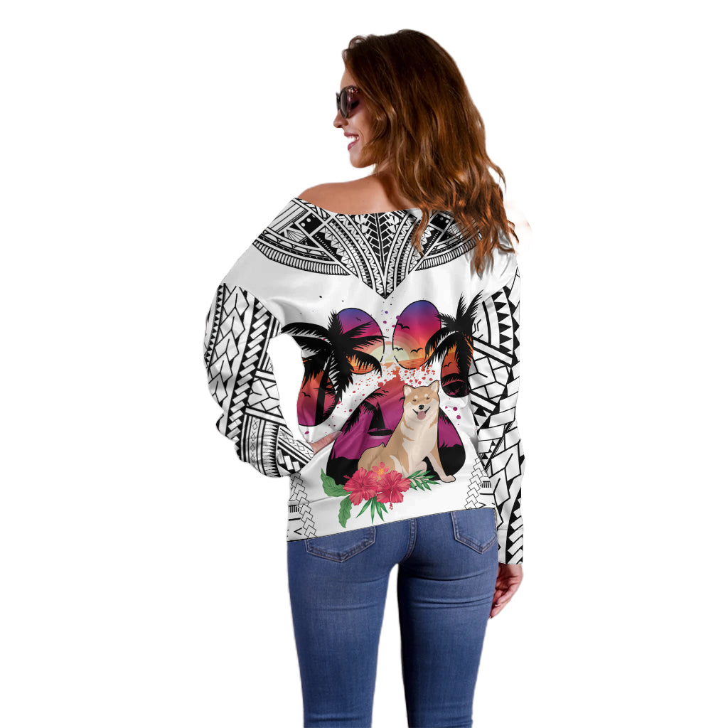Polynesian Off Shoulder Sweater Dog Lover With Shiba Inu - Sunset At The Beach White Ver LT7 - Polynesian Pride
