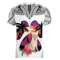 Polynesian Women V Neck T Shirt Dog Lover With Shiba Inu - Sunset At The Beach White Ver LT7 - Polynesian Pride