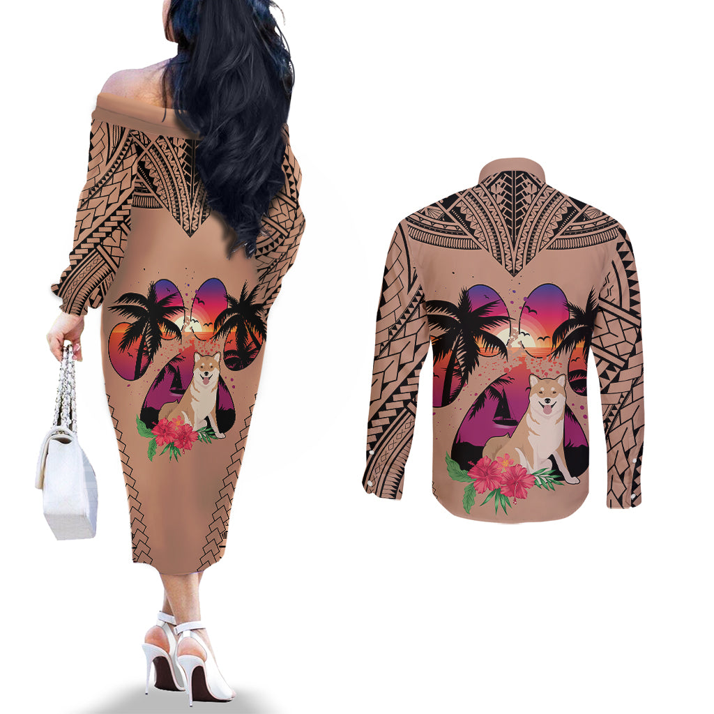 Polynesian Couples Matching Off The Shoulder Long Sleeve Dress and Long Sleeve Button Shirts Dog Lover With Shiba Inu - Sunset At The Beach Brown Ver LT7 - Polynesian Pride