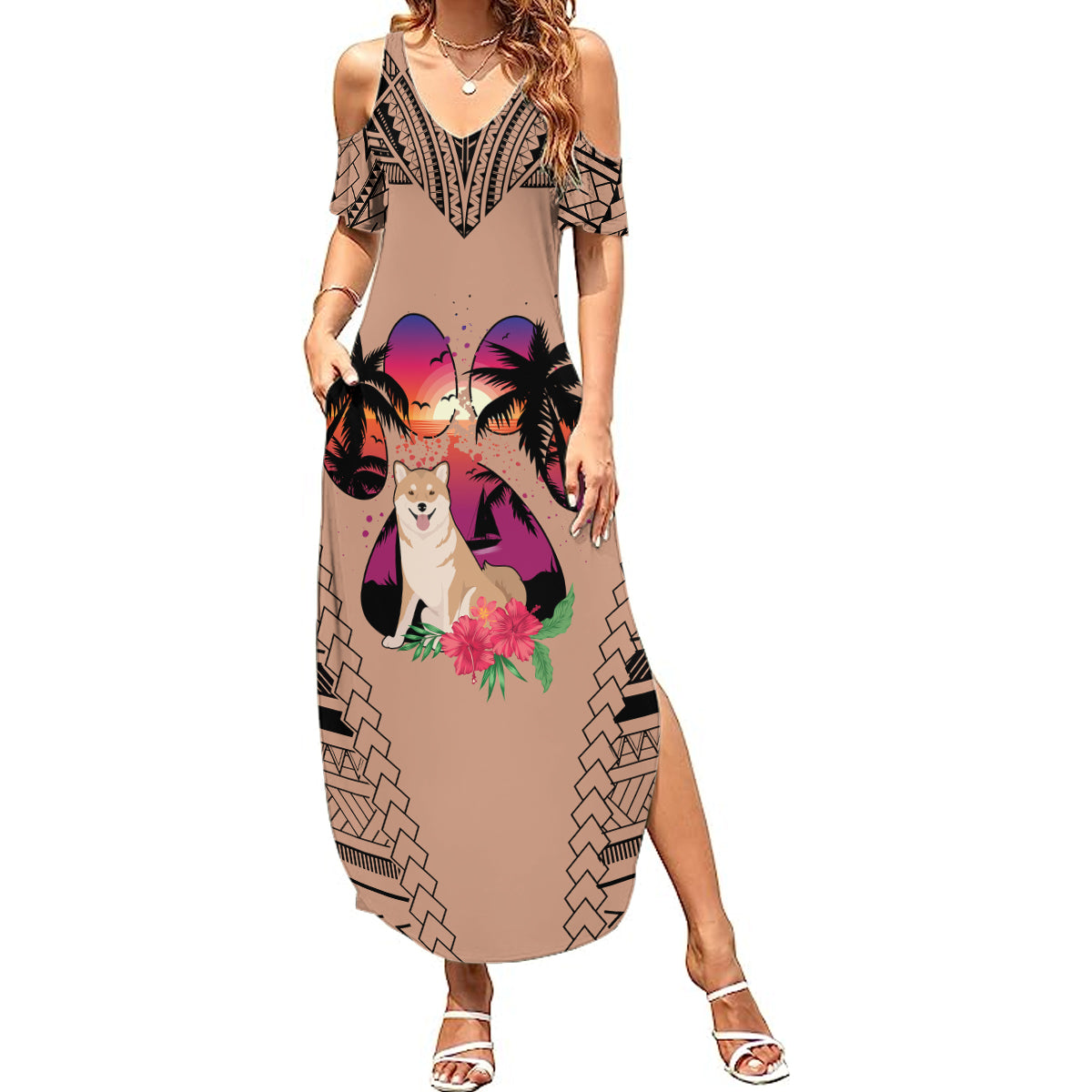 Polynesian Summer Maxi Dress Dog Lover With Shiba Inu - Sunset At The Beach Brown Ver LT7 Women Brown - Polynesian Pride