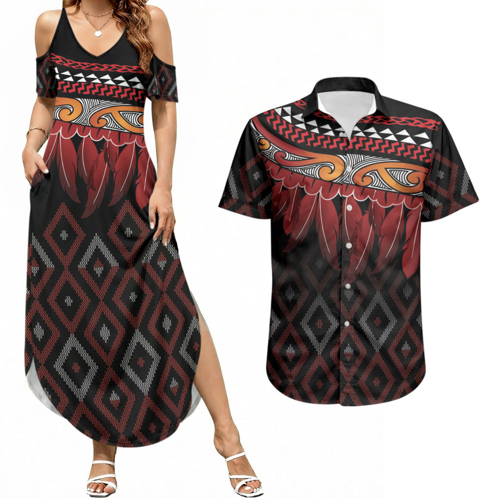 Aotearoa Maori Ngapuhi Iwi Couples Matching Summer Maxi Dress and Hawaiian Shirt Korowai Tukutuku Kaokao Motifs