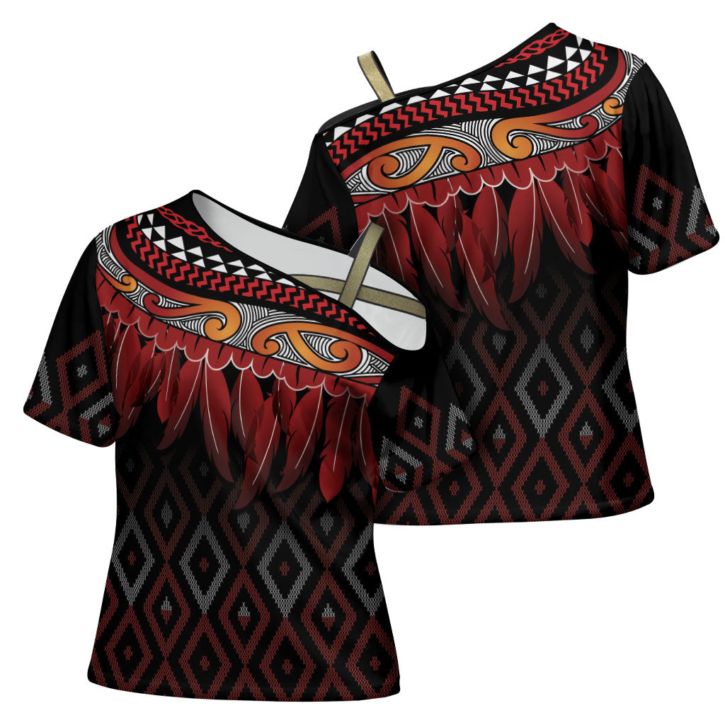 Aotearoa Maori Ngapuhi Iwi Cross Shoulder Shirt Korowai Tukutuku Kaokao Motifs LT7 - Polynesian Pride