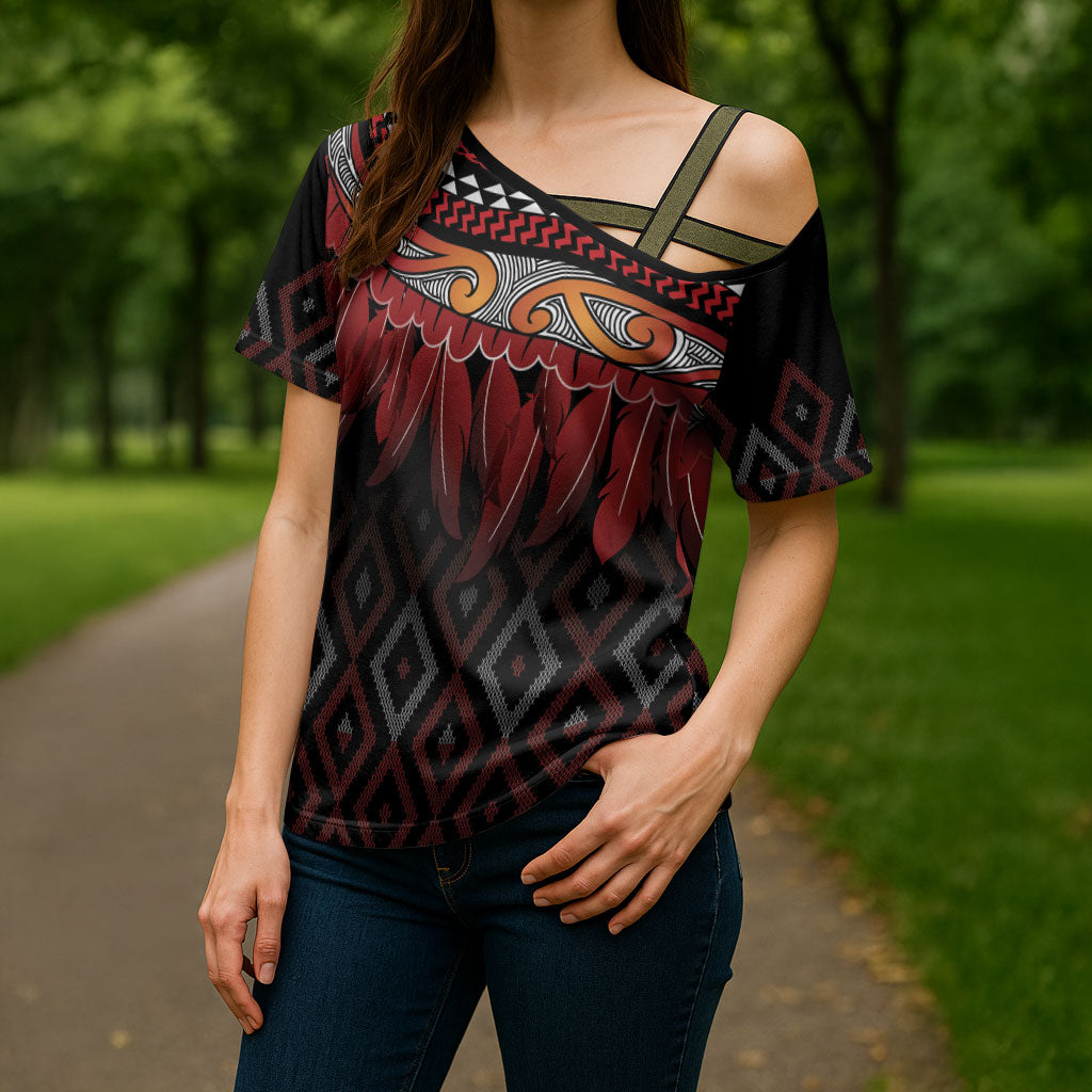 Aotearoa Maori Ngapuhi Iwi Cross Shoulder Shirt Korowai Tukutuku Kaokao Motifs LT7 - Polynesian Pride