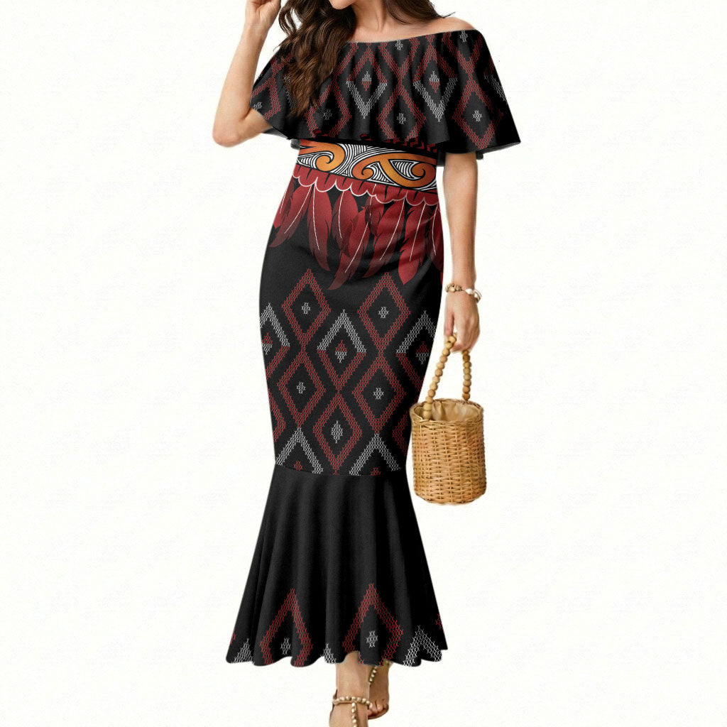 Aotearoa Maori Ngapuhi Iwi Mermaid Dress Korowai Tukutuku Kaokao Motifs LT7 Women Black - Polynesian Pride