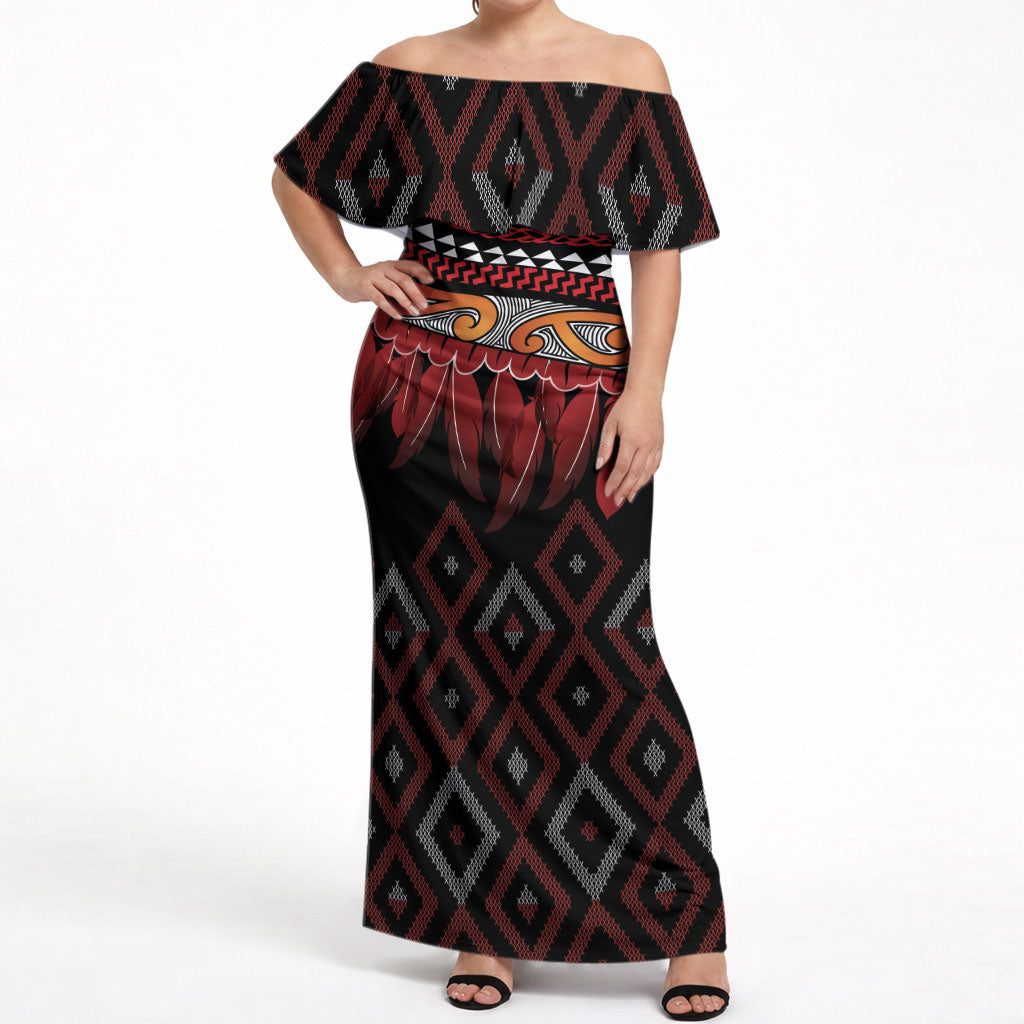Aotearoa Maori Ngapuhi Iwi Off Shoulder Maxi Dress Korowai Tukutuku Kaokao Motifs LT7 Women Black - Polynesian Pride