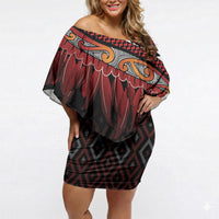 Aotearoa Maori Ngapuhi Iwi Off Shoulder Short Dress Korowai Tukutuku Kaokao Motifs LT7 Women Black - Polynesian Pride