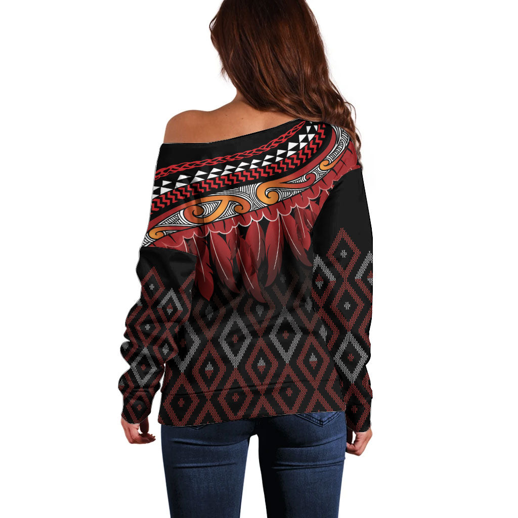 Aotearoa Maori Ngapuhi Iwi Off Shoulder Sweater Korowai Tukutuku Kaokao Motifs LT7 - Polynesian Pride