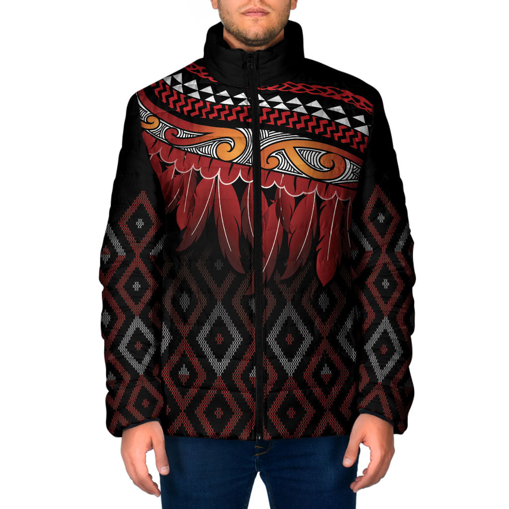 Aotearoa Maori Ngapuhi Iwi Padded Jacket Korowai Tukutuku Kaokao Motifs LT7 Men Black - Polynesian Pride