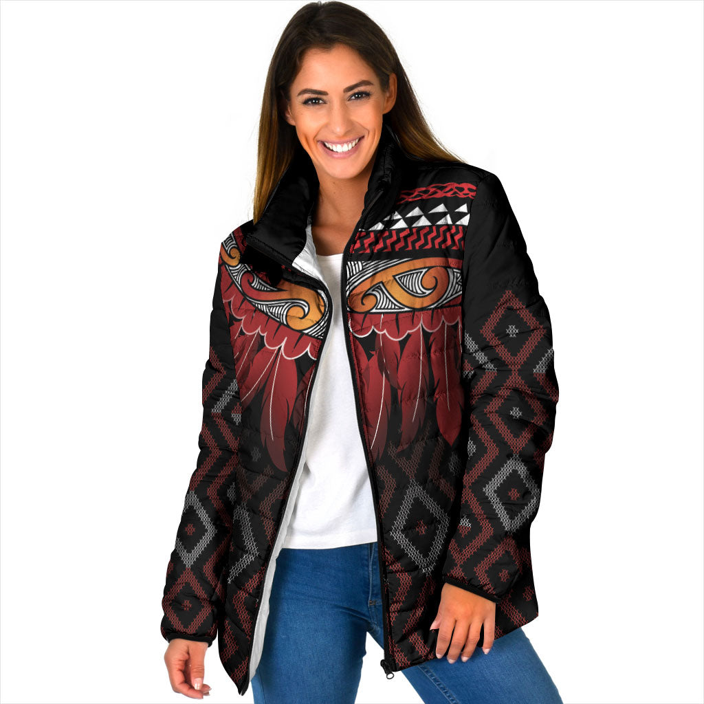Aotearoa Maori Ngapuhi Iwi Padded Jacket Korowai Tukutuku Kaokao Motifs LT7 Women Black - Polynesian Pride