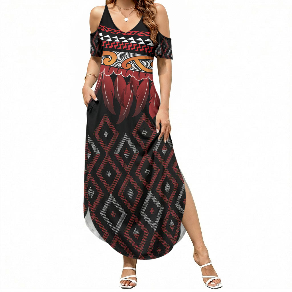 Aotearoa Maori Ngapuhi Iwi Summer Maxi Dress Korowai Tukutuku Kaokao Motifs LT7 Women Black - Polynesian Pride