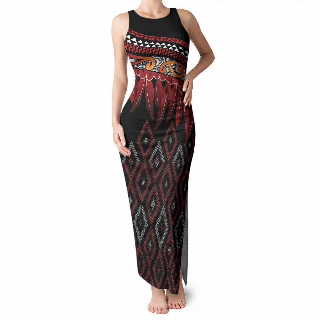 Aotearoa Maori Ngapuhi Iwi Tank Maxi Dress Korowai Tukutuku Kaokao Motifs LT7 Women Black - Polynesian Pride