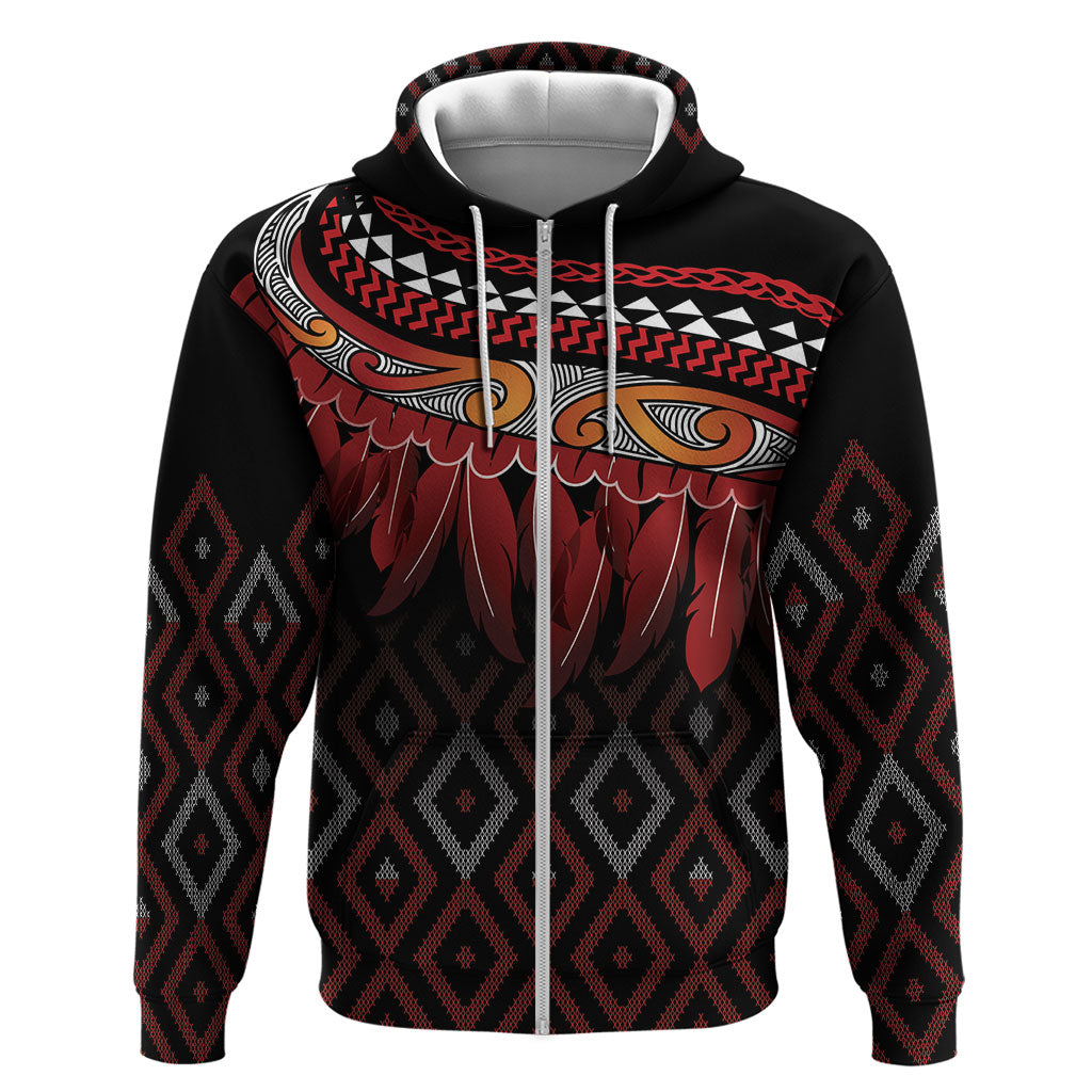 Aotearoa Maori Ngapuhi Iwi Zip Hoodie Korowai Tukutuku Kaokao Motifs LT7 Zip Hoodie Black - Polynesian Pride