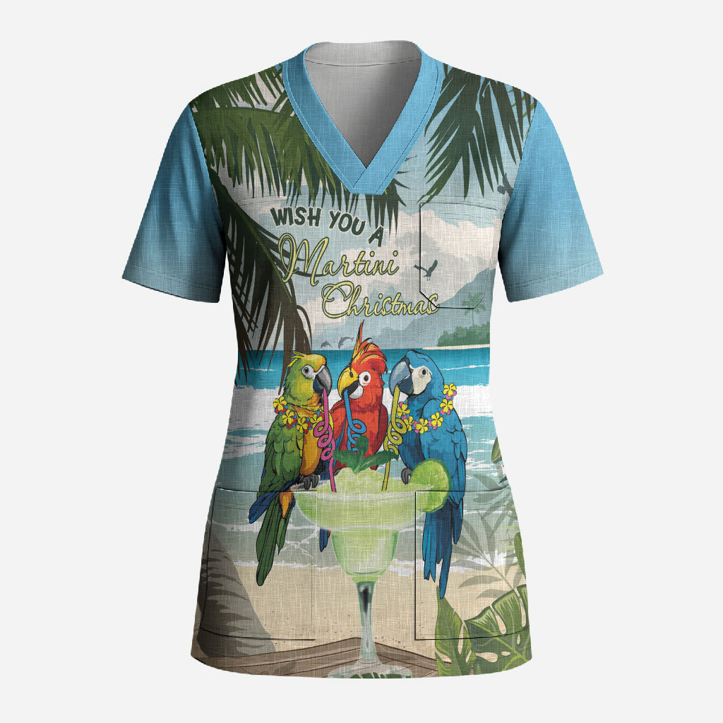 Wish You A Merry Martini Christmas Scrub Top Cocktail Parrot-dise LT7 Adult Multicolor - Polynesian Pride