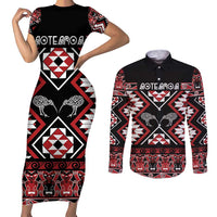 Personalised Taniko Motifs Aotearoa Couples Matching Short Sleeve Bodycon Dress and Long Sleeve Button Shirt Waitangi Kowhaiwhai Kiwi