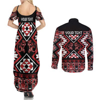 Personalised Aotearoa Waitangi Couples Matching Summer Maxi Dress and Long Sleeve Button Shirt Taniko Motifs - Mania Gecko
