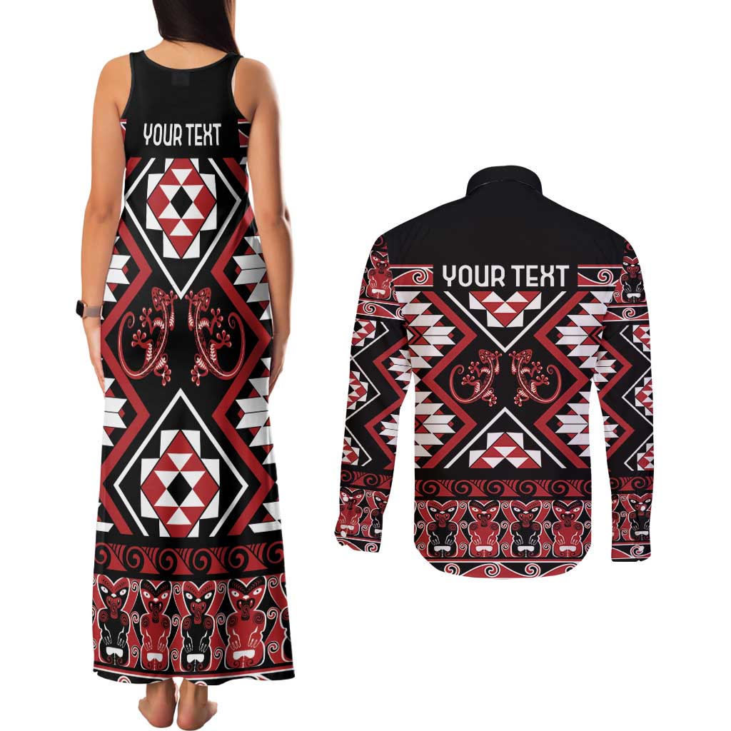 Personalised Aotearoa Waitangi Couples Matching Tank Maxi Dress and Long Sleeve Button Shirt Taniko Motifs - Mania Gecko