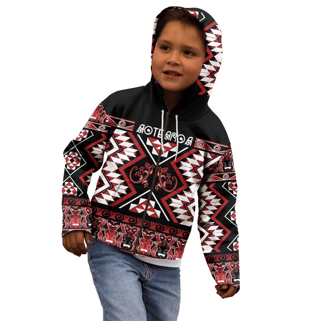 Personalised Aotearoa Waitangi Kid Hoodie Taniko Motifs - Mania Gecko