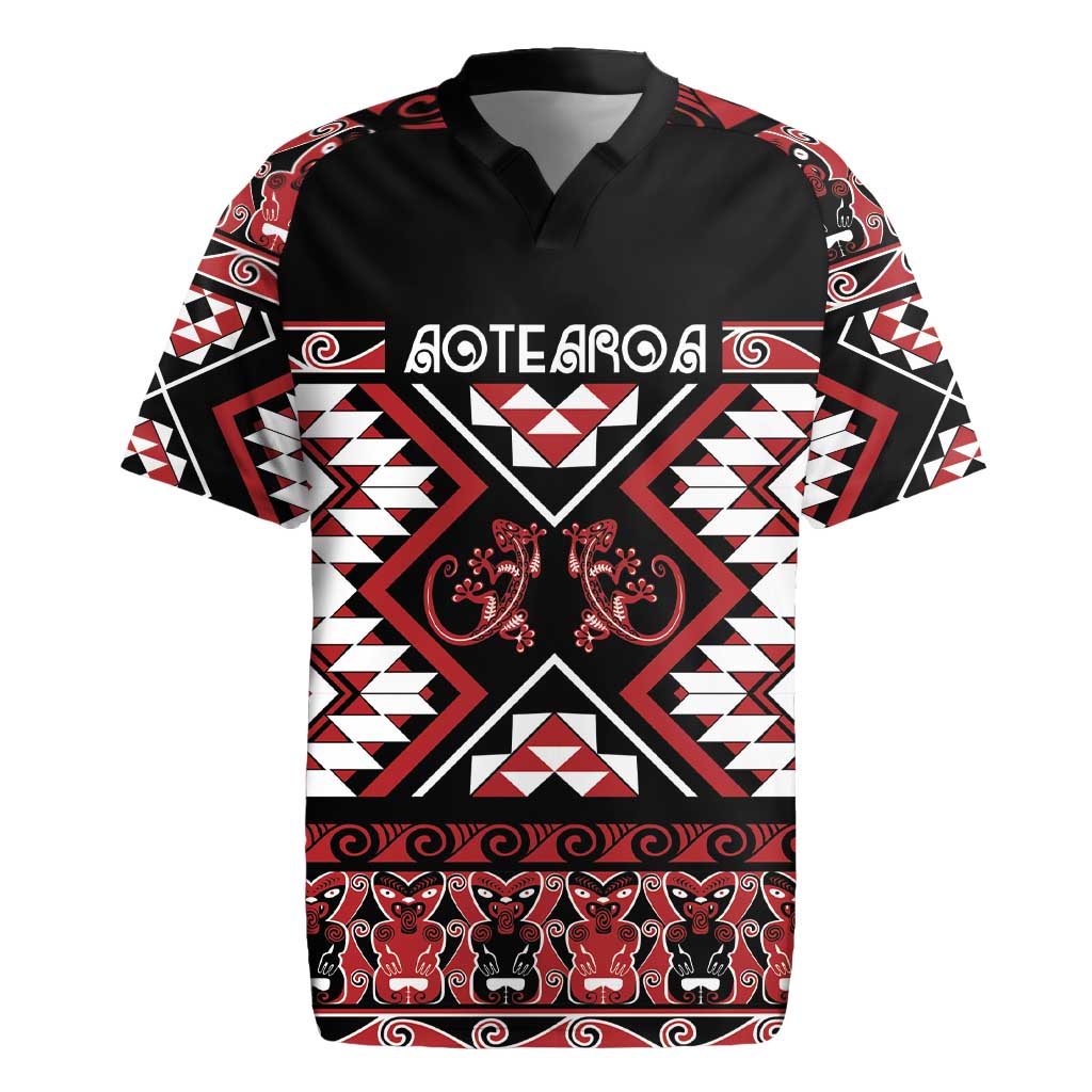 Personalised Aotearoa Waitangi Rugby Jersey Taniko Motifs - Mania Gecko LT7 Red - Polynesian Pride