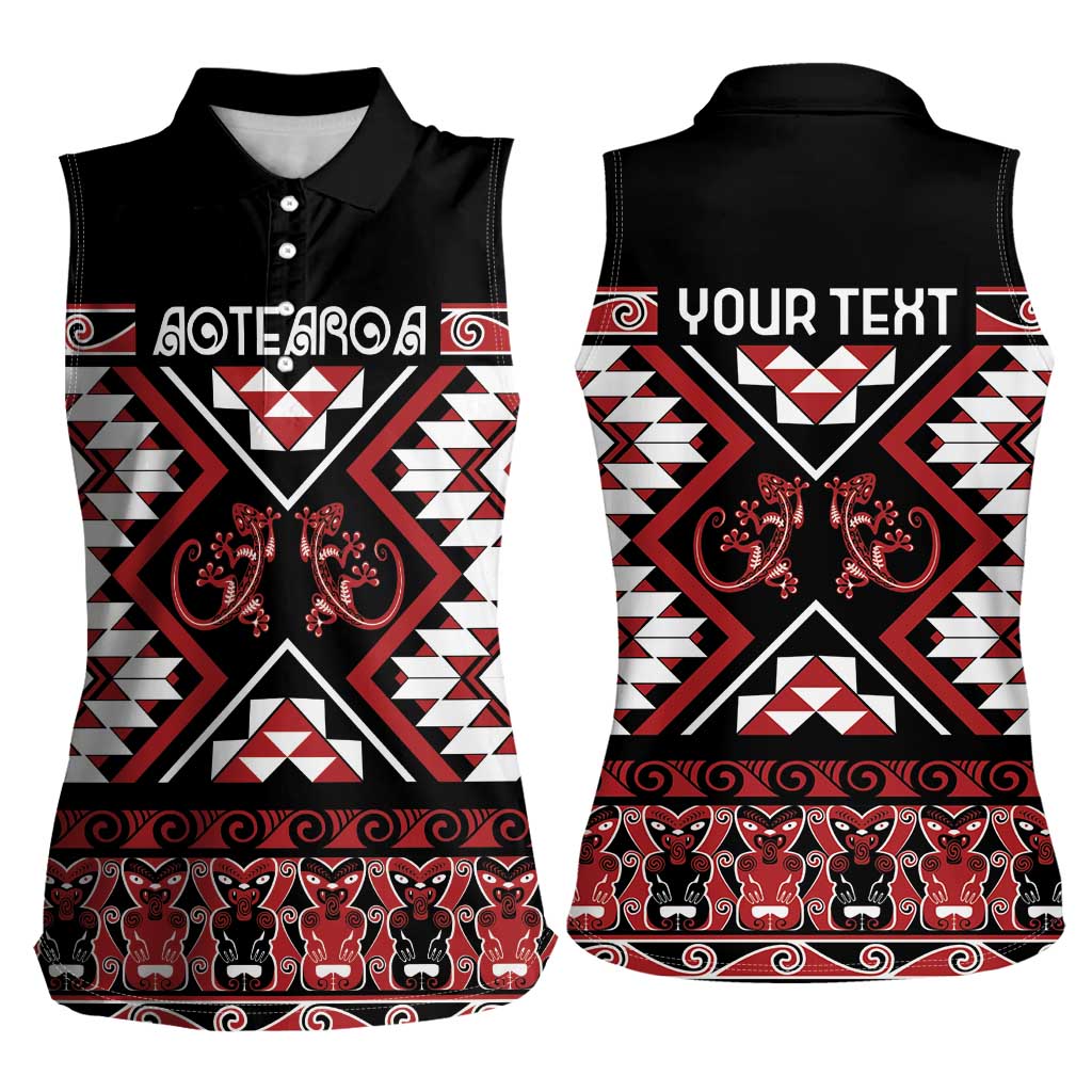 Personalised Aotearoa Waitangi Women Sleeveless Polo Shirt Taniko Motifs - Mania Gecko