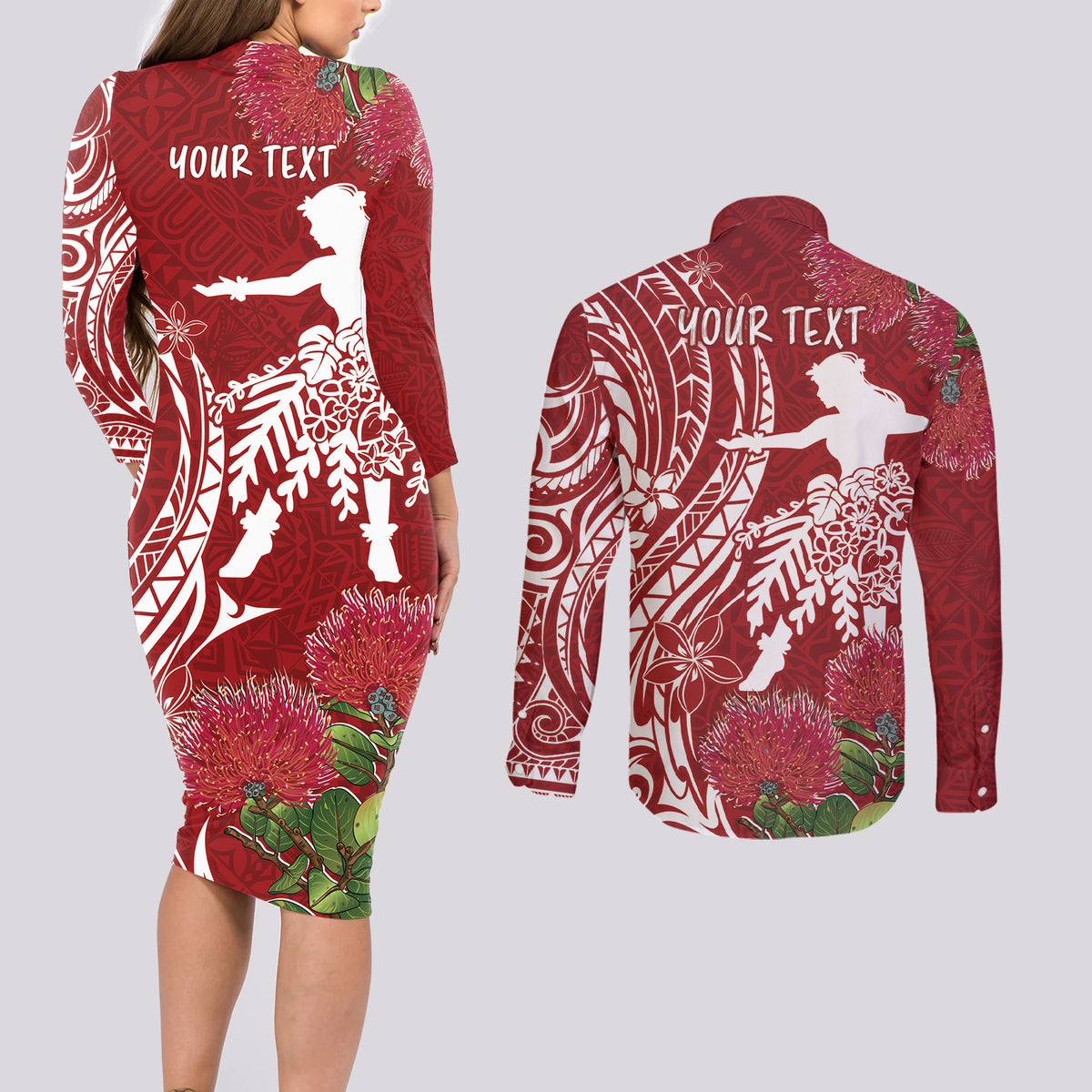 Personalised Hawaii Wahine Couples Matching Long Sleeve Bodycon Dress and Long Sleeve Button Shirt Women's Day Ohia Lehua LT7 - Polynesian Pride
