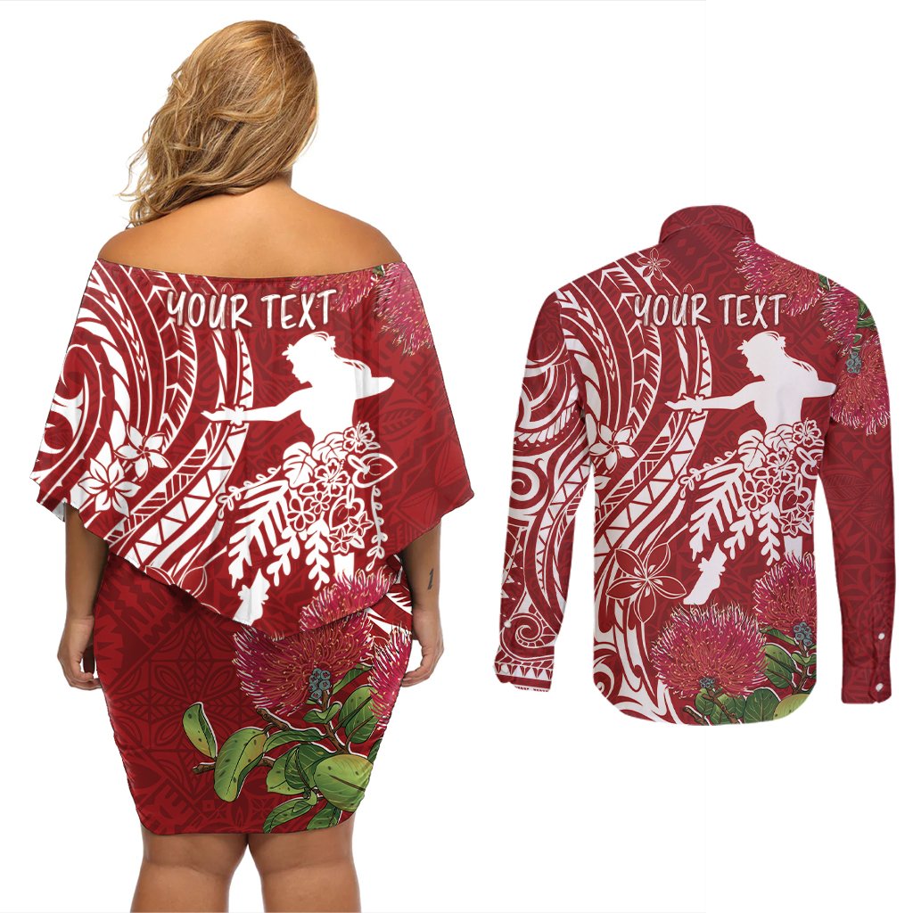 Personalised Hawaii Wahine Couples Matching Off Shoulder Short Dress and Long Sleeve Button Shirt Women's Day Ohia Lehua LT7 - Polynesian Pride