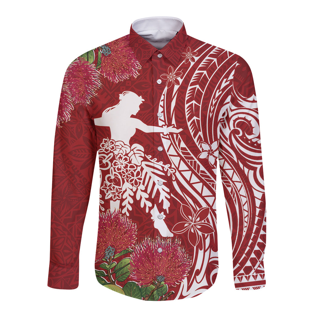 Personalised Hawaii Wahine Long Sleeve Button Shirt Women's Day Ohia Lehua LT7 Unisex Red - Polynesian Pride