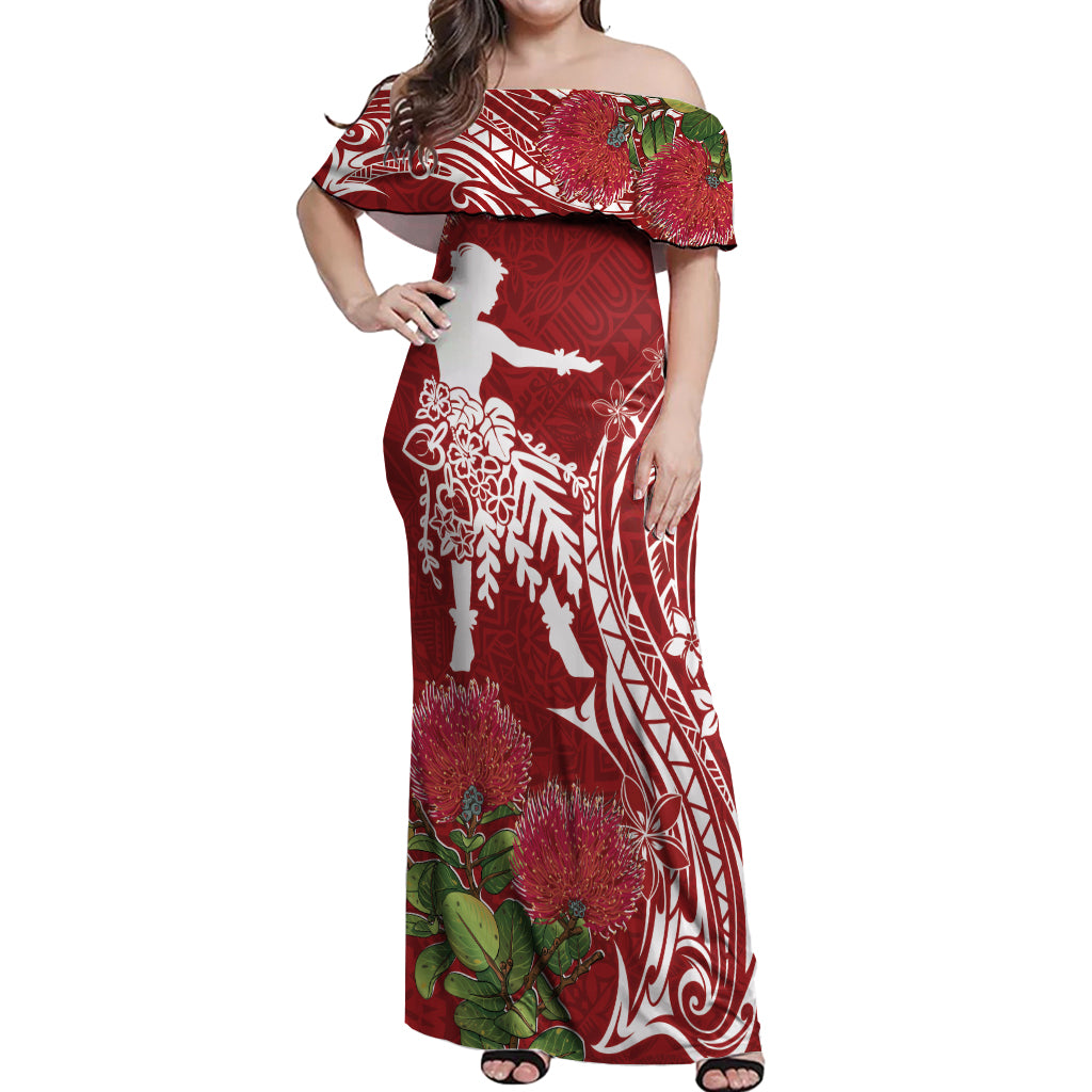 Personalised Hawaii Wahine Off Shoulder Maxi Dress Women's Day Ohia Lehua LT7 Women Red - Polynesian Pride