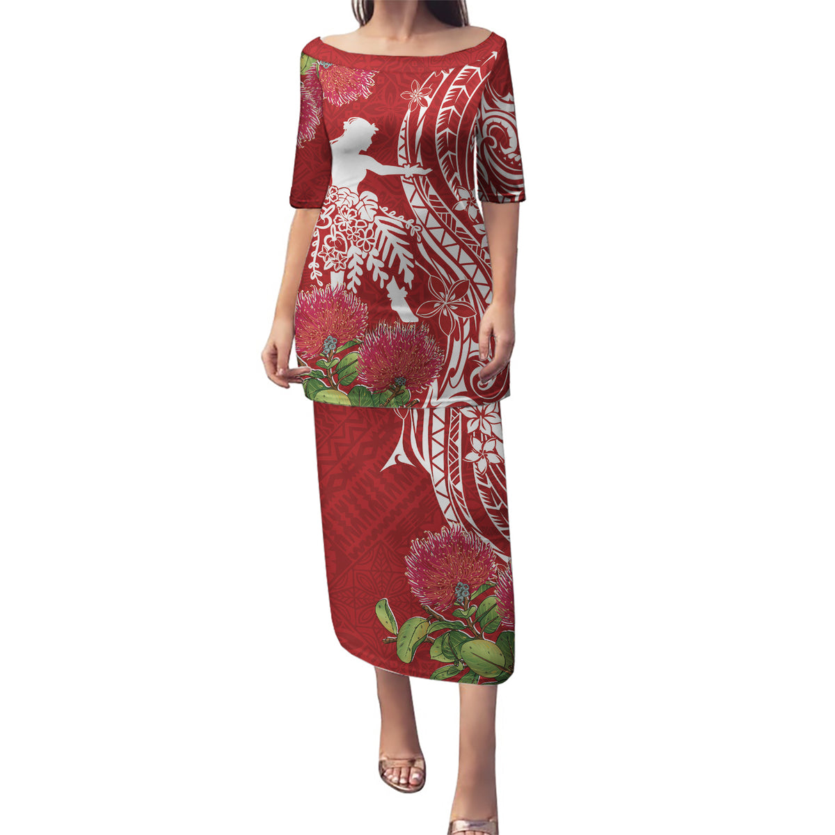 Personalised Hawaii Wahine Puletasi Women's Day Ohia Lehua LT7 Long Dress Red - Polynesian Pride