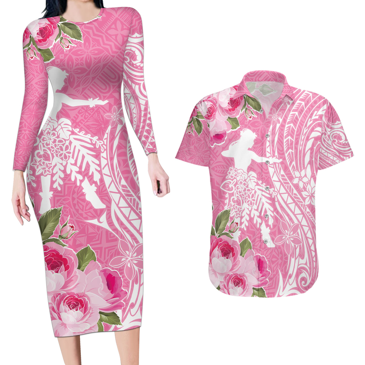 Personalised Hawaii Wahine Couples Matching Long Sleeve Bodycon Dress and Hawaiian Shirt Women's Day Maui Lokelani Roses LT7 Pink - Polynesian Pride