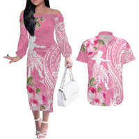 Personalised Hawaii Wahine Couples Matching Off The Shoulder Long Sleeve Dress and Hawaiian Shirt Women's Day Maui Lokelani Roses LT7 Pink - Polynesian Pride