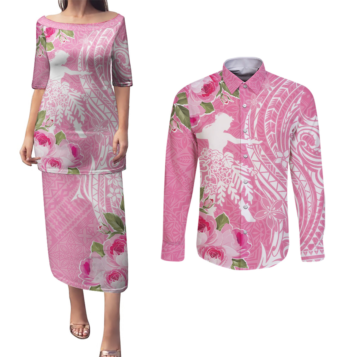 Personalised Hawaii Wahine Couples Matching Puletasi and Long Sleeve Button Shirt Women's Day Maui Lokelani Roses LT7 Pink - Polynesian Pride