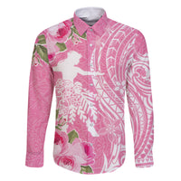 Personalised Hawaii Wahine Family Matching Tank Maxi Dress and Hawaiian Shirt Women's Day Maui Lokelani Roses LT7 Dad's Shirt - Long Sleeve Pink - Polynesian Pride